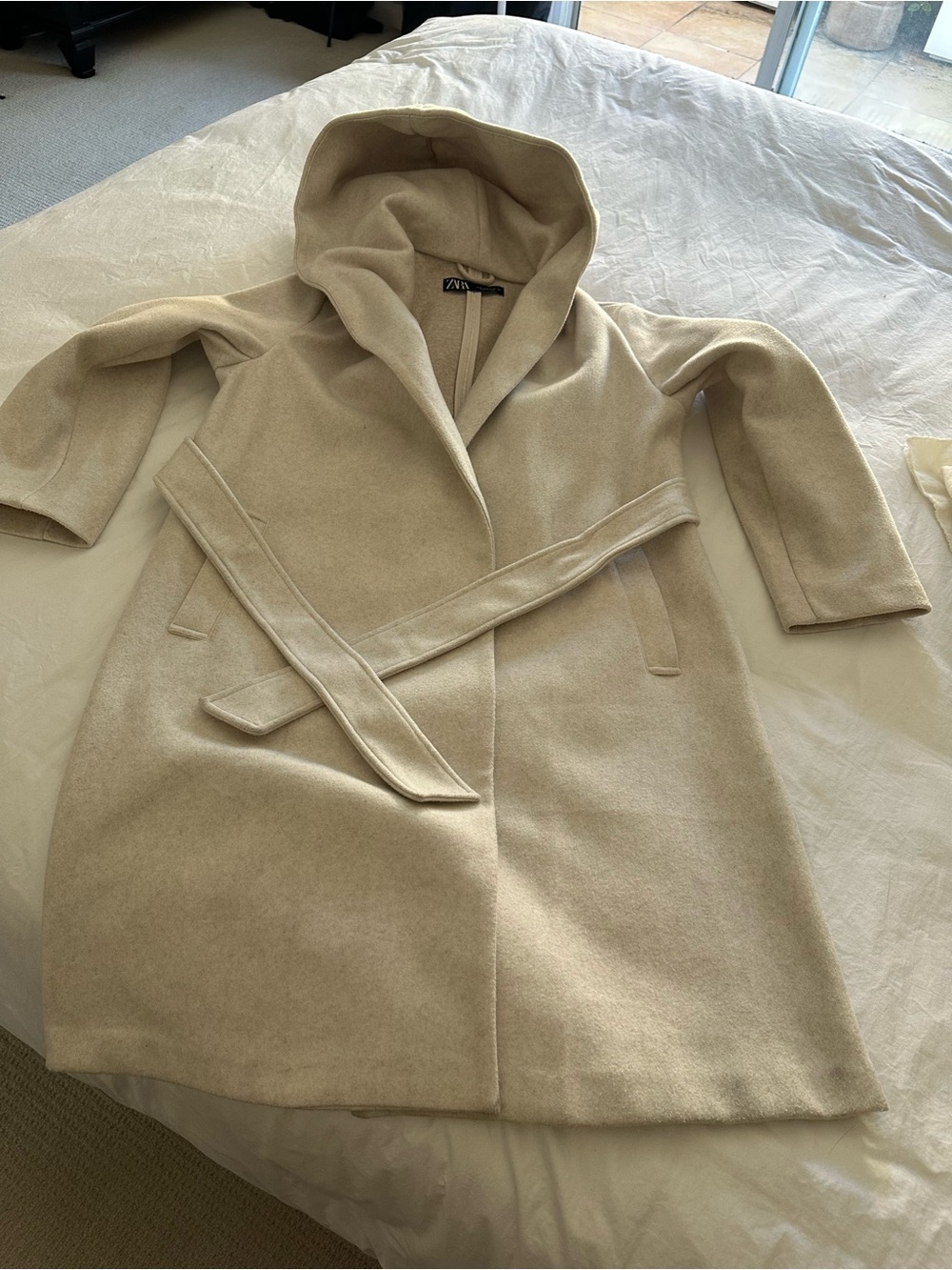 Zara Cream Hooded Wrap Coat with Self-Tie Belt, size medium - Picture 8 of 17